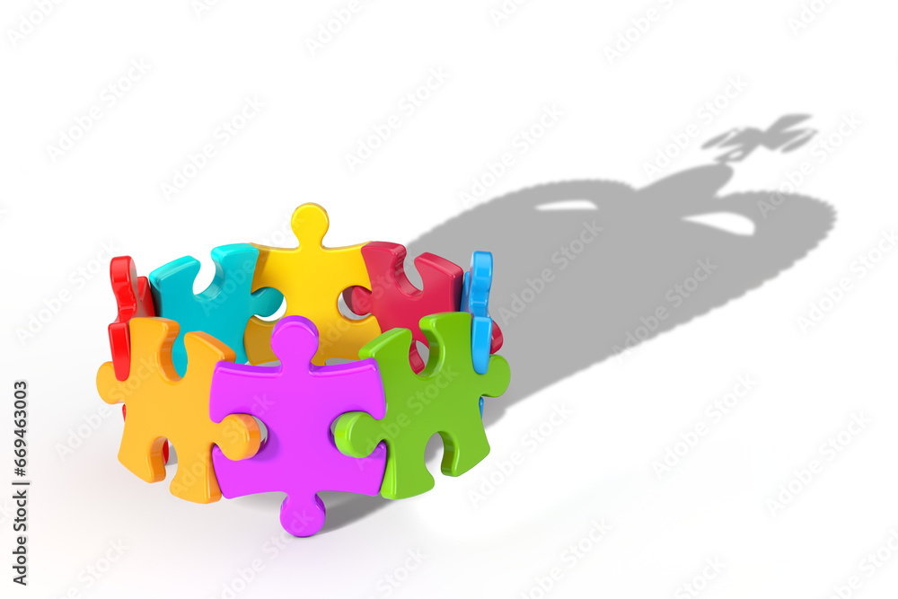 Poster success teamwork concept. jigsaw puzzle connected together in a circle with shadow in shape of royal