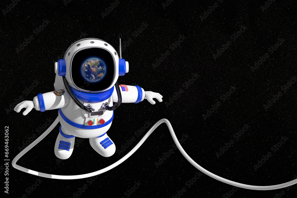 Poster cute cartoon mascot astronaut character person flying in open space. 3d rendering
