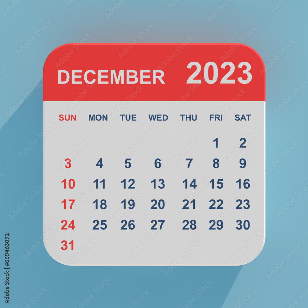 Aufkleber Flat Icon Calendar December 2023. 3d Rendering