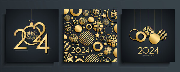 2024 Happy New Year greeting cards. New Year holiday greetings with hand drawn lettering and golden Christmas balls. Black and gold colors. Vector illustration.
