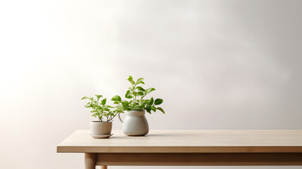 Minimalist space with a wooden table and two plants