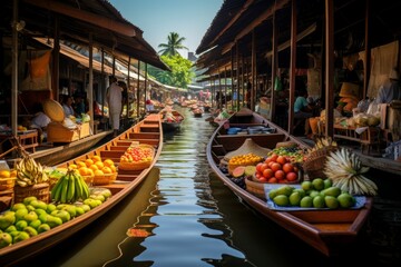 Naklejka premium Aromatic Floating food market river. Canal river. Generate Ai