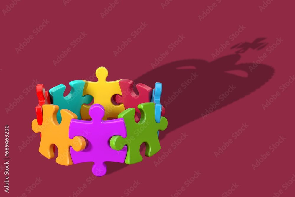 Poster success teamwork concept. jigsaw puzzle connected together in a circle with shadow in shape of royal