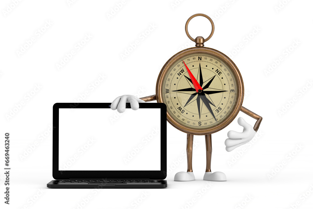 Poster antique vintage brass compass cartoon person character mascot with modern laptop computer notebook a