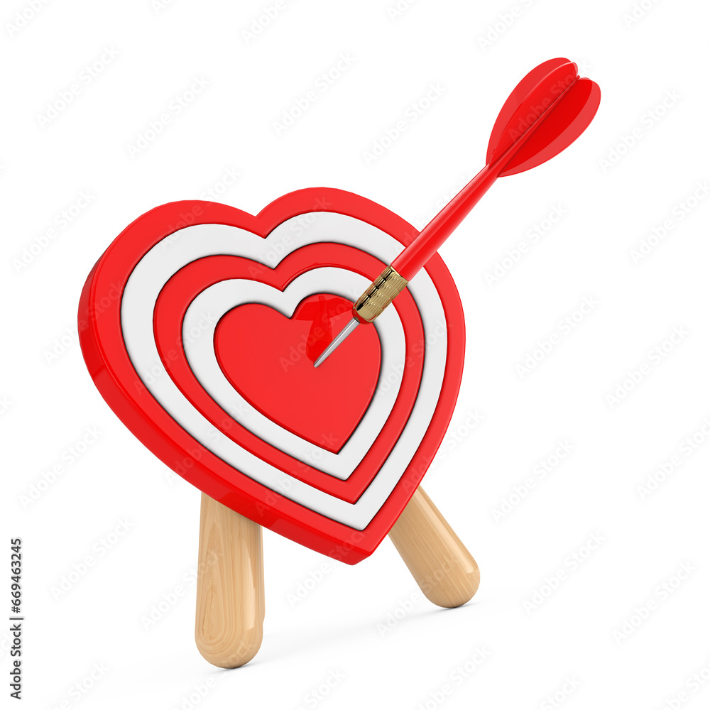 Poster love concept. archery target in shape of heart with dart in center. 3d rendering