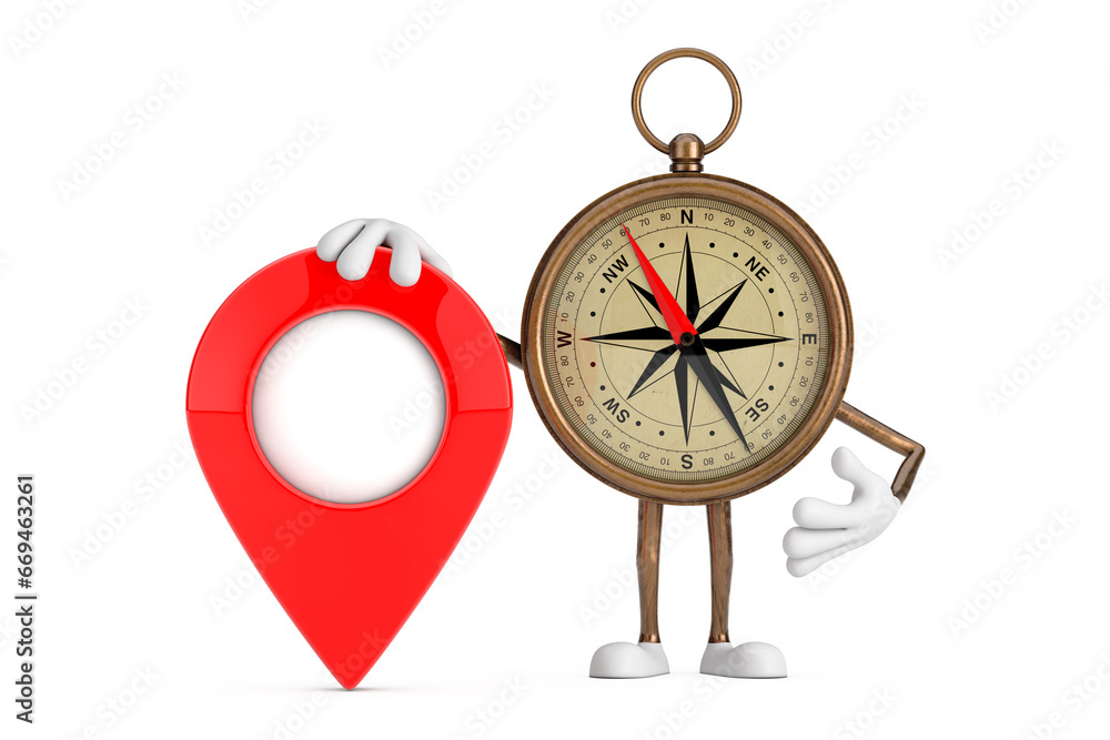 Poster antique vintage brass compass cartoon person character mascot with red target map pointer pin. 3d re