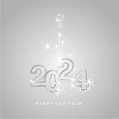 Happy New Year 2024 eve greetings sparkle firework silver white line design numbers on silver grey color background