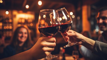Friends holding red wine glasses on blurred restaurant background