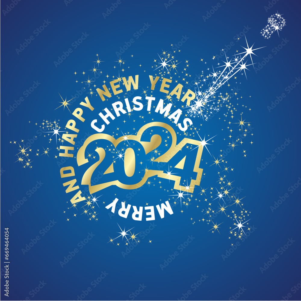 Wall mural Merry Christmas and Happy New Year 2024 circle shape. Stardust sparkle firework. Gold white blue vector logo greeting card - Wall murals