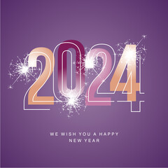 Happy New Year 2024 line and bold light purple violet coral colors shining typography with sparkle firework on purple isolated background icon logo