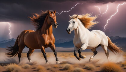Obraz na płótnie Canvas Epic Sunset: Dynamic Encounter of Two Wild Stallions