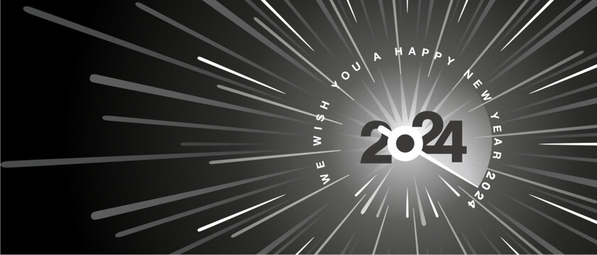 We wish you a Happy New Year 2024. Black white type typography black background. high warp speed space with speedometer shape needle moving to the year number 2024. 2024 start greeting card