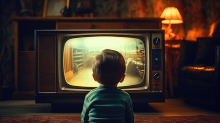  Child boy sitting on a floor and watching retro television in old style room, back view