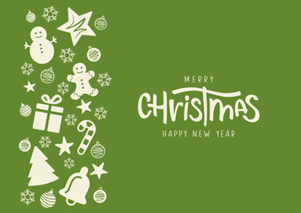 Merry Christmas and Happy New Year lettering with christmas decorations. Christmas card concept