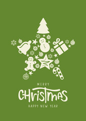 Christmas card with Merry Christmas and Happy New Year lettering with star made of christmas decorations. Christmas card concept