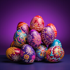 A group of colorful easter eggs on a purple background