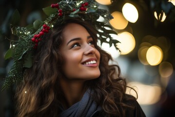 A hopeful woman holding a mistletoe above her head, waiting for a Christmas kiss under the twinkling holiday lights - obrazy, fototapety, plakaty