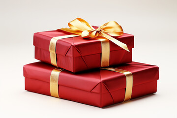 Obraz premium red gift boxes with golden ribbon and bow on a white background