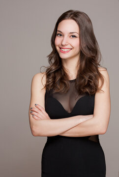 Smiling happy attractive brunette woman.