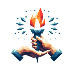 Polygonal Geometric Hands Holding Fiery Torch Illustration - Concept of Leadership, Motivation, Inspiration, and Achievement