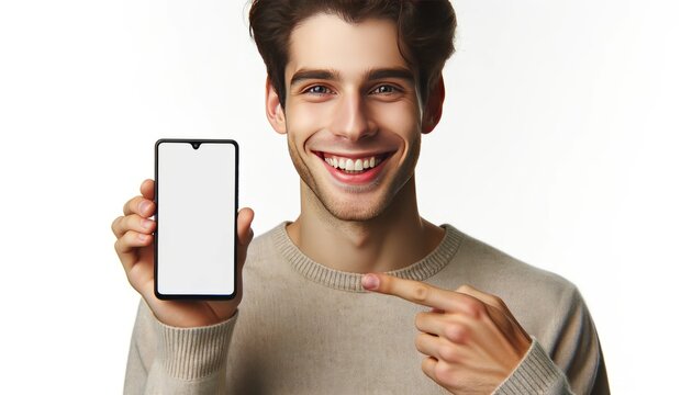 A handsome man on a white background with a phone in his hands, which he points his finger at, there is nothing on the telon screen.