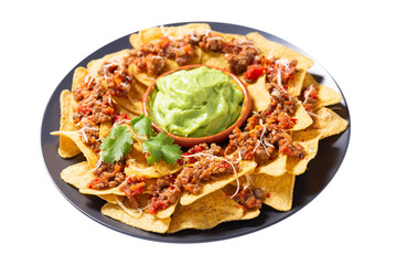 Plate of mexican nachos chips with cheese, meat and guacamole isolated on transparent background