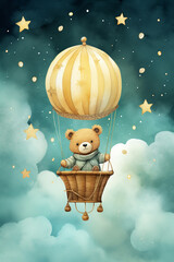 cartoon illustration with a teddy bear on a hot air balloon with stars