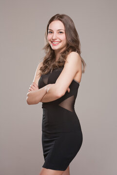 Smiling happy attractive brunette woman.