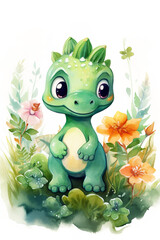 Fototapeta premium cute green watercolour baby dinosaur poping out of the bushes, cute green baby dinosaur with colourful flowers, watercolor cartoonish style illustration