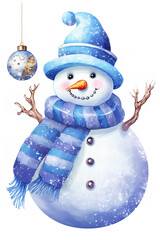 digital illustration of sequin snowman, fabric sequin textured, blue colours, sequin snowman holding gift sticker on white background