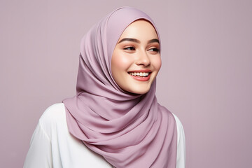 
image of a beautiful muslim woman, in the style of light purple and light crimson, joyful and optimistic, minimal retouching, glossy finish