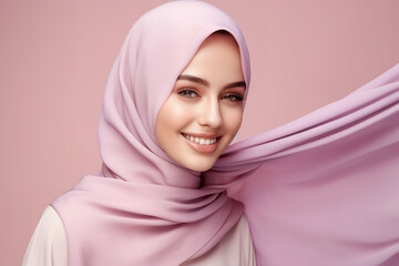 
image of a beautiful muslim woman, in the style of light purple and light crimson, joyful and optimistic, minimal retouching, glossy finish - obrazy, fototapety, plakaty