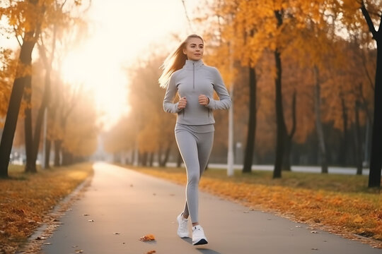 Healthy lifestyle. Sporty woman running in the park at dawn. woman fitness sunrise jogging workout