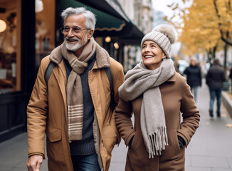 Fototapeta premium mature couple walking in the street, in the style of adventure themed, calculated, naturalist aesthetic, photobash 