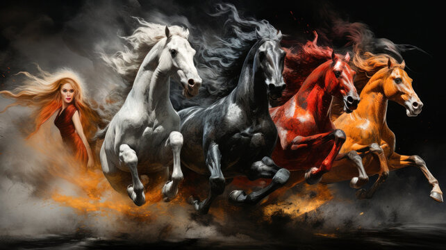 The four horses of the Apocalypse Revelation white red black and yellow Bible Revelation and Babylon the great harlot Generative AI Illustration