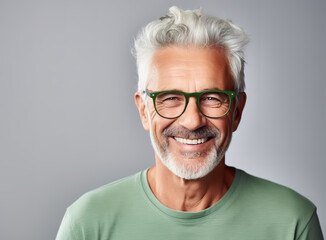 Obraz premium senior man in glasses smiling, in the style of focus stacking, minimalistic serenity, green and gray, pensive poses