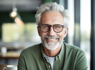 senior man in glasses smiling, in the style of focus stacking, minimalistic serenity, green and gray, pensive poses
