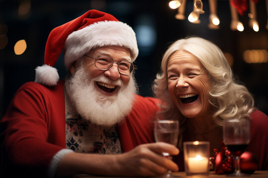 happy elderly couple in christmas hats having fun. Funny and cool image for creative christmas ad campaign