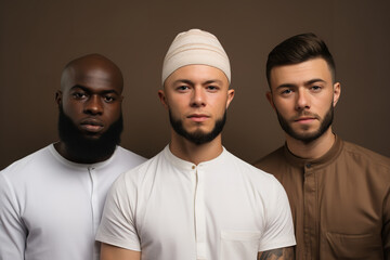 three muslim man standing together looking from the left to the right, in the style of minimal retouching - obrazy, fototapety, plakaty