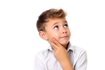 Thinking, face kid with decision on isolated white , copy space