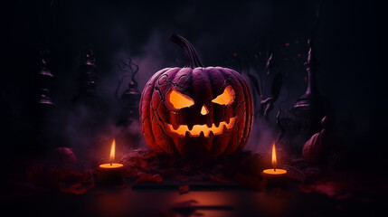 Halloween scary pumpkin with fire decoration at horror dark night background A I Generated
