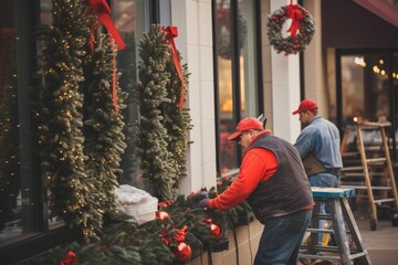 A group of dedicated store workers meticulously setting up a festive Christmas display in a charming downtown storefront