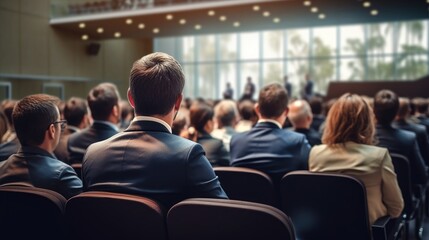 Back view of an audience in a conference hall listening to a seminar - obrazy, fototapety, plakaty