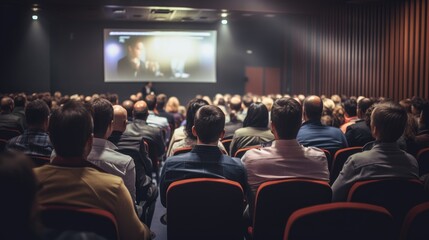 Back view of an audience in a conference hall listening to a seminar with big cinema screen