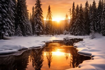 A serene winter scene of snow-covered fir branches, glistening under the soft glow of the morning sun, creating a beautiful and peaceful landscape