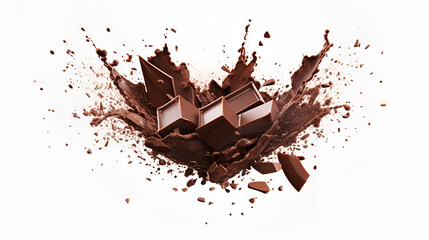 Melting chocolate burst explosion splash in the air. Isolated on white background