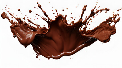 Melting chocolate burst explosion splash in the air. Isolated on white background - obrazy, fototapety, plakaty