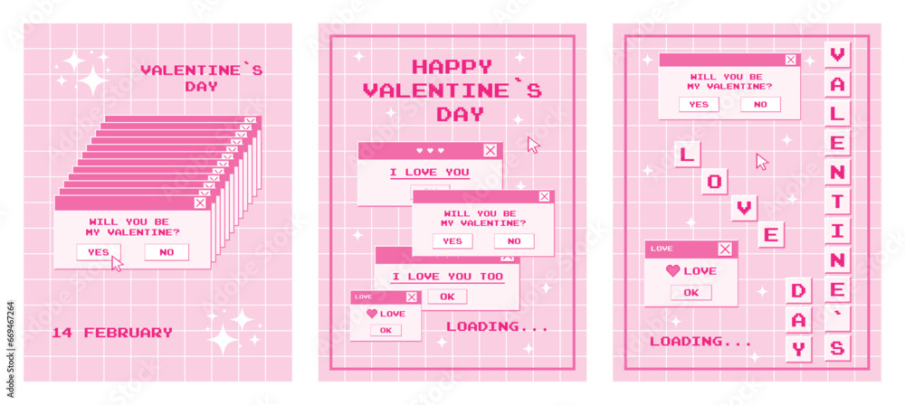 Aufkleber set of valentine's day posters in a trendy retro style from the 2000s. pop-up interface on digital s
