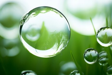 Ball of Clean Water Drops, Transparent Drops Reflecting Plants, Environment Eco Green Abstract, Generative AI