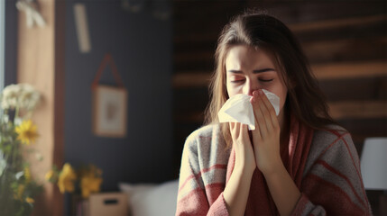 woman sneezing in tissue - obrazy, fototapety, plakaty